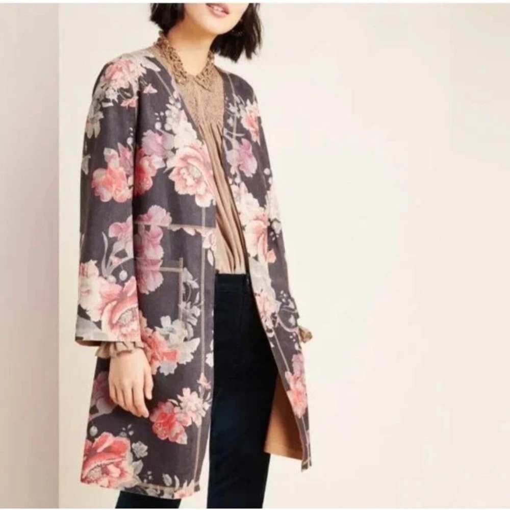 NWOT Anthropologie‎ Solitaire Floral Duster Open Front Cardigan Boho Vegan Suede